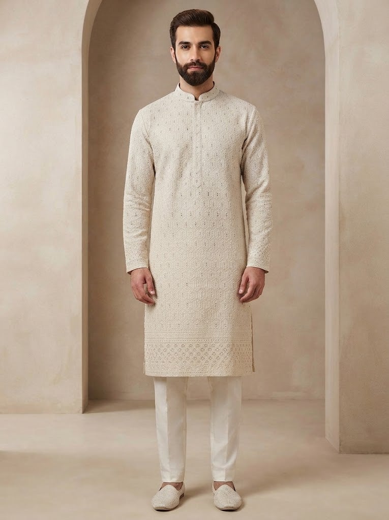 VINY Beige 2-Piece Chikankari-Style Embroidered Kurta Pant Set – Men's Indian Ethnic Wear