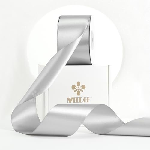 MEEDEE Silver Satin Ribbon 2 Inch Silver Ribbon Lux Double Faced Ribbons by 25 Yards Silk Satin Ribbons for Gift Wrapping DIY Crafts Weddings Flower Bouquet Holiday Decorating