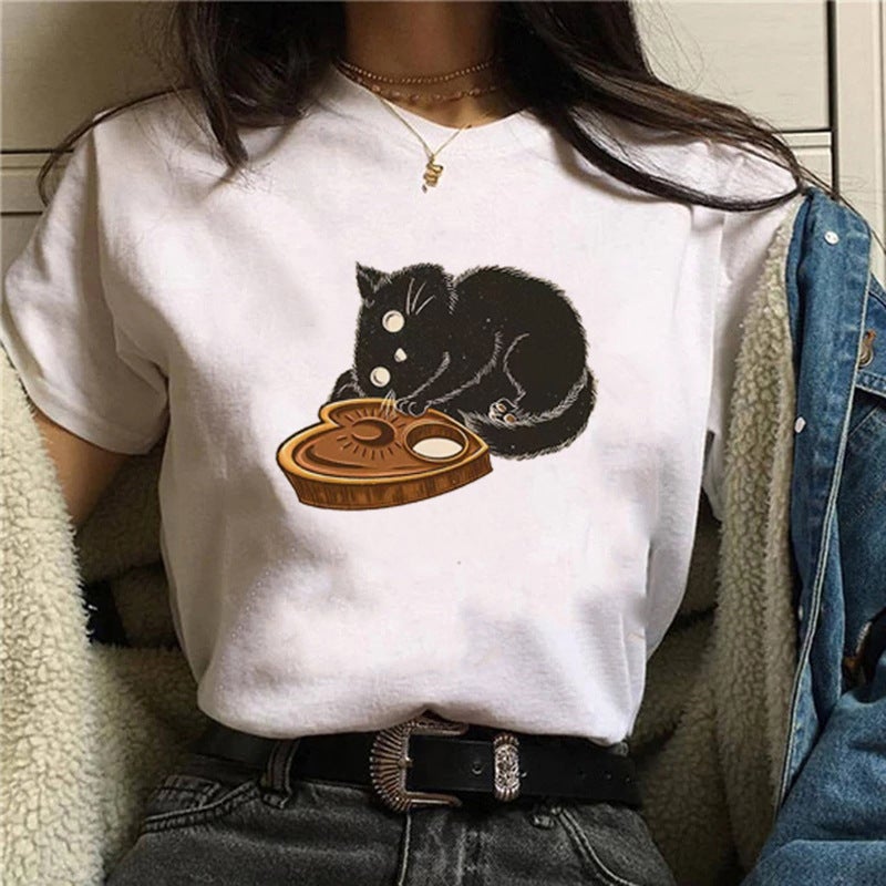 2025 Foreign Trade Cross-border New Women's T-shirt Cat Animal Pattern T-shirt Casual Printed Short-sleeved Cotton Top for Women - Image 1
