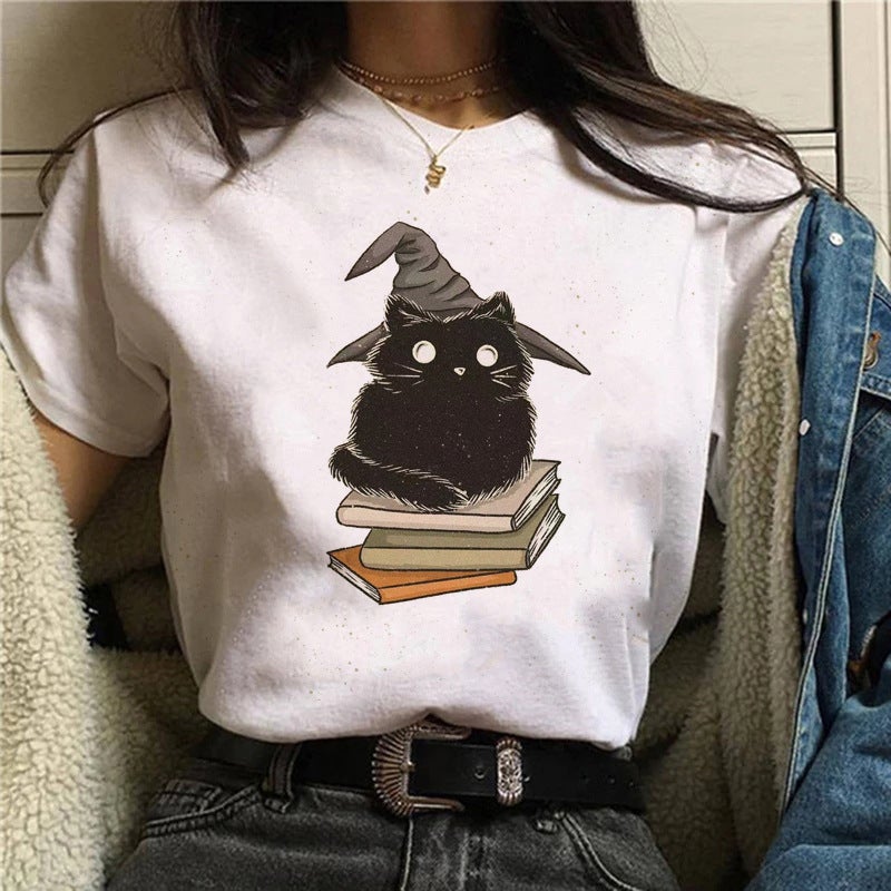 2025 Foreign Trade Cross-border New Women's T-shirt Cat Animal Pattern T-shirt Casual Printed Short-sleeved Cotton Top for Women - Image 3