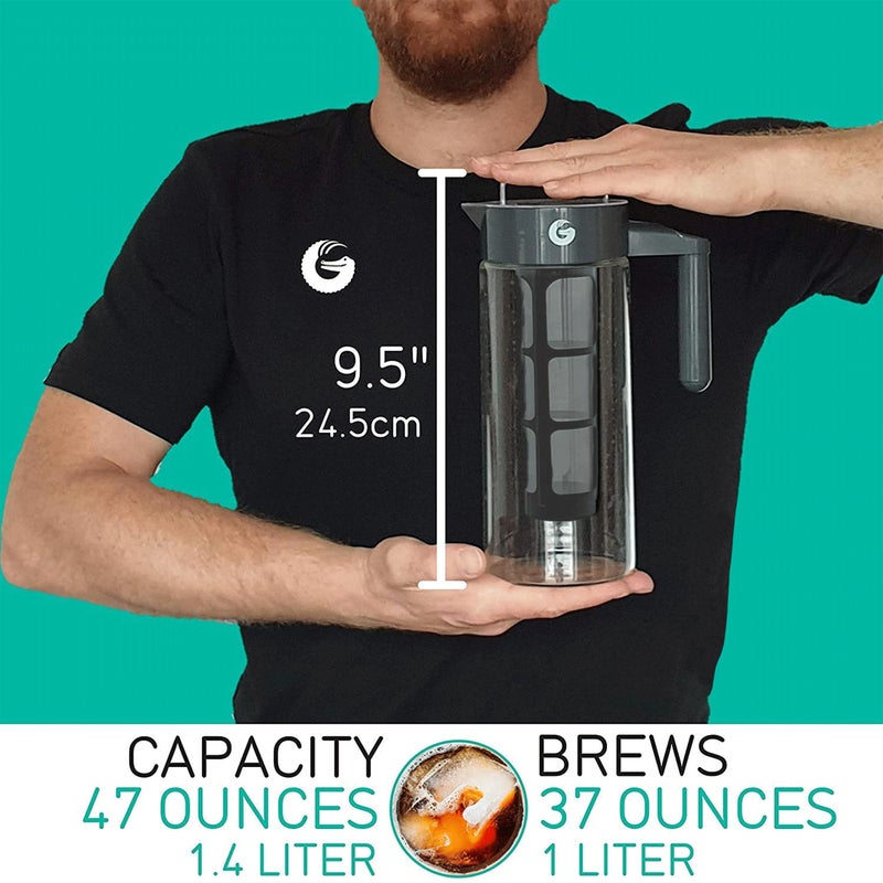 Coffee Gator Cold Brew Coffee Maker - 47 oz Iced Tea and Cold Brew Maker and Pitcher w/Glass Carafe, Filter, Funnel & Measuring Scoop - Black - Image 2