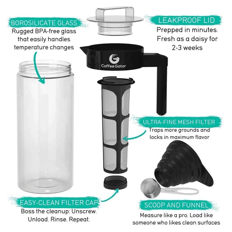 Coffee Gator Cold Brew Coffee Maker - 47 oz Iced Tea and Cold Brew Maker and Pitcher w/Glass Carafe, Filter, Funnel & Measuring Scoop - Black - Image 4