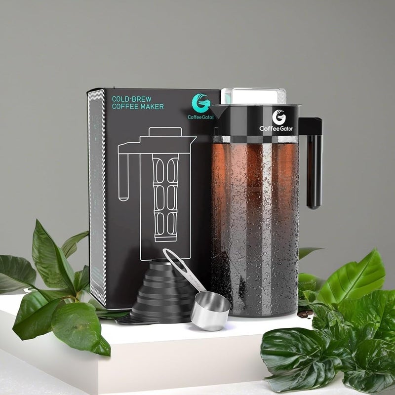 Coffee Gator Cold Brew Coffee Maker - 47 oz Iced Tea and Cold Brew Maker and Pitcher w/Glass Carafe, Filter, Funnel & Measuring Scoop - Black - Image 5