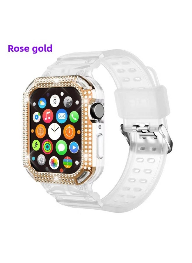 Loquat Suitable For Applewatchs10 Watch Case Single Diamond Watch Strap Integrated For Apple For Applewatchs9 Protective Shell-Color:Single Diamond Frame Transparent Hand Strap 【rose Gold Case】】-Exterior D  - Image 1