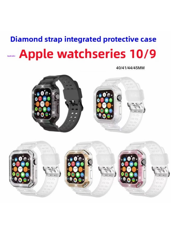 Loquat Suitable For Applewatchs10 Watch Case Single Diamond Watch Strap Integrated For Apple For Applewatchs9 Protective Shell-Color:Single Diamond Frame Transparent Hand Strap 【rose Gold Case】】-Exterior D  - Image 2