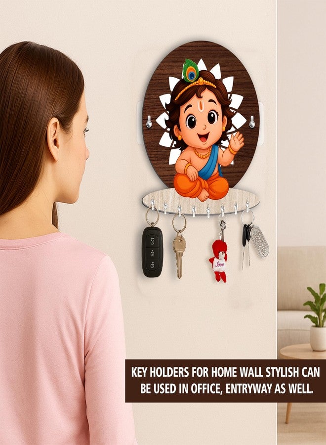 Rousrie حامل مفاتيح خشبي من Rousrie Baby Krishna للمنزل بدون حفر، بني، 8 خطافات، تصميم عصري، تصميم للتثبيت على الحائط بدون حفر للمنزل والمكتب (بال كريشنا) - Image 3