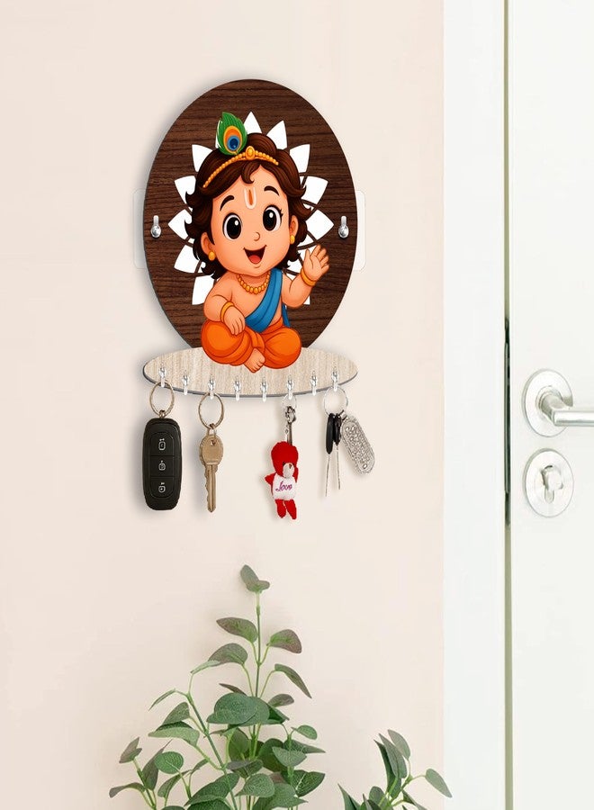 Rousrie حامل مفاتيح خشبي من Rousrie Baby Krishna للمنزل بدون حفر، بني، 8 خطافات، تصميم عصري، تصميم للتثبيت على الحائط بدون حفر للمنزل والمكتب (بال كريشنا) - Image 2