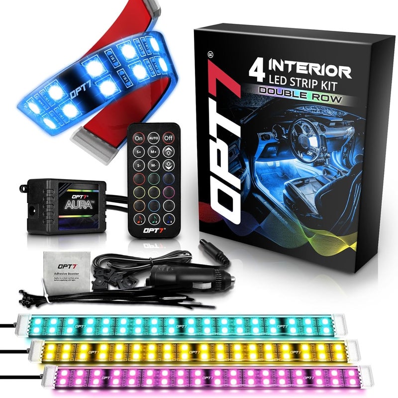 OPT7 Aura Double Row Car LED Lights Interior with Wireless Remote Control, Multicolor Mode, Sound Active Function Inside Ambient Lighting Kit, Footwell Floor Decor, Charger Adapter 12V, 4pc - Image 1