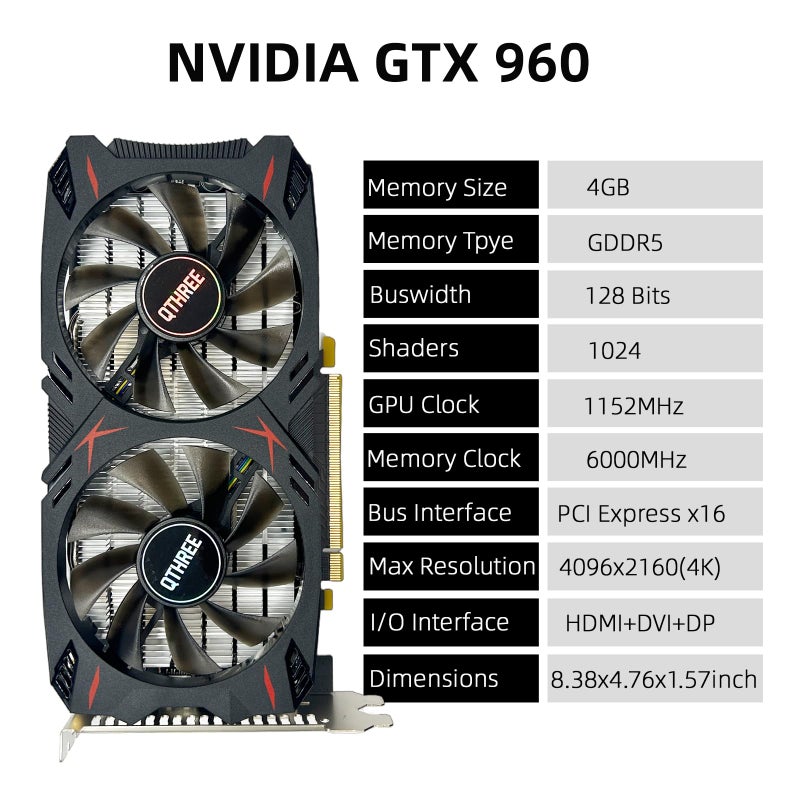 QTHREE Geforce GTX 960 4GB Graphics Card, GDDR5 128-bit, DP, HDMI, DVI, Video Card for PC, Computer GPU, PCI Express x16 - Image 2