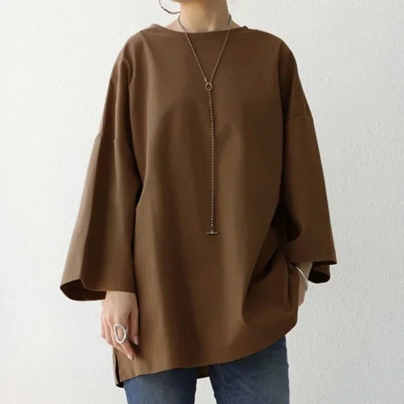 Women''s T-shirt 2024 and AliExpress Spring/Summer Solid Color Crewneck Split Long Sleeve Loose Top - Image 5