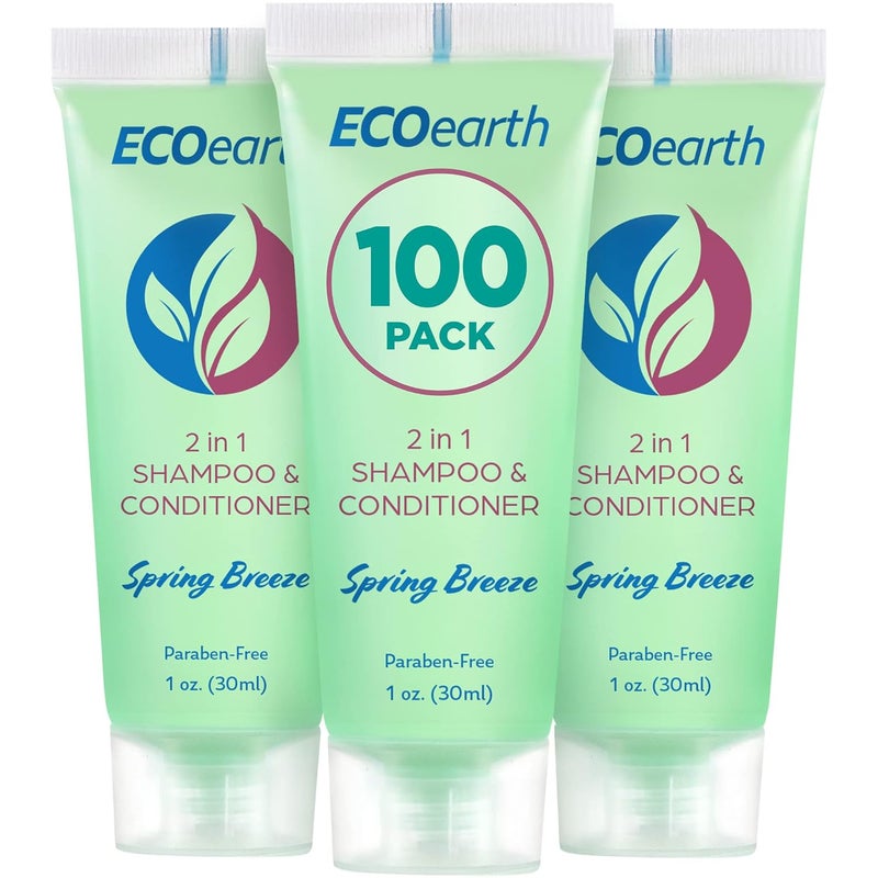 EcoEarth Travel Size Shampoo Conditioner 2in1 1 fl oz 100 PK Spring Breeze Delight Your Guests wRevitalizing  Refreshing Conditioning Shampoo Amenities Small Size Hotel Toiletries in Bulk