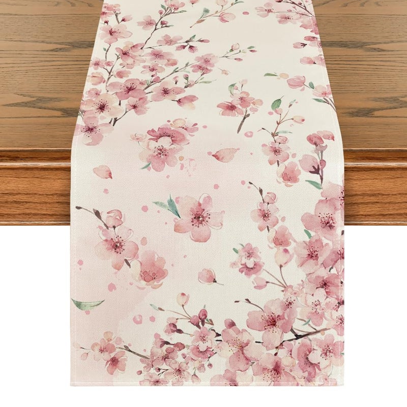 Artoid Mode Floral Cherry Blossoms Branches Summer Table Runner, Seasonal Spring Kitchen Dining Table Decoration for Home Party Decor 13x72 Inch - Image 1