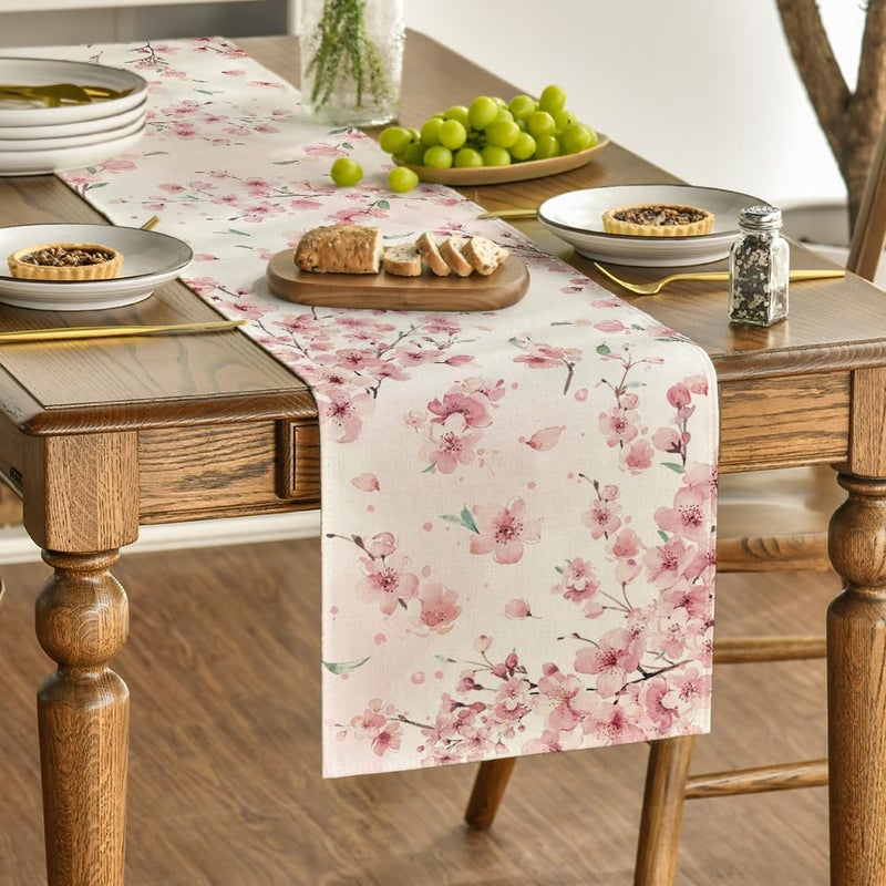 Artoid Mode Floral Cherry Blossoms Branches Summer Table Runner, Seasonal Spring Kitchen Dining Table Decoration for Home Party Decor 13x72 Inch - Image 3