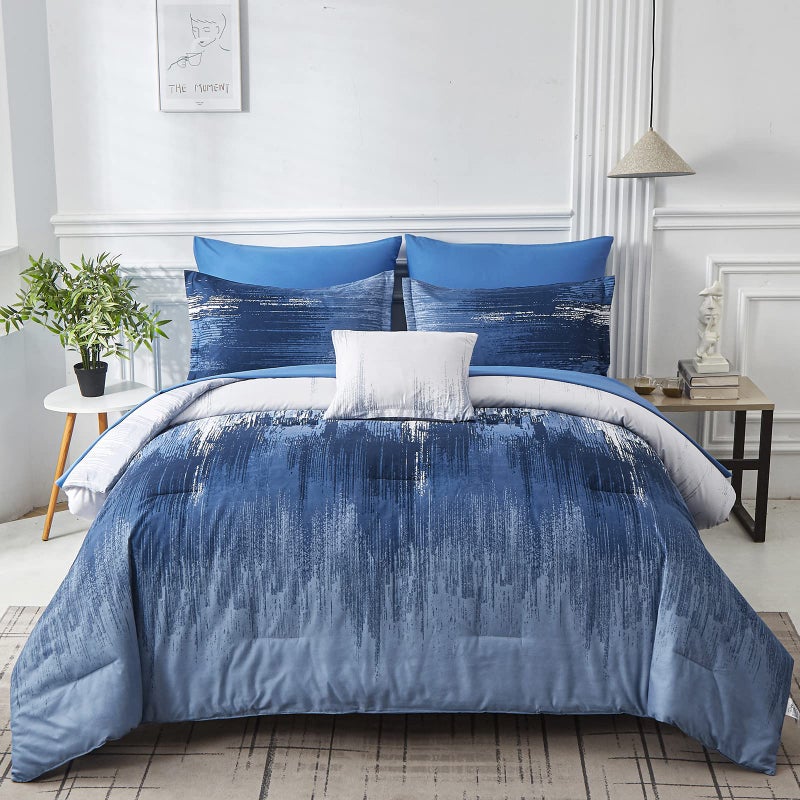 Ombre Blue Comforter Set Queen Size Reversible Gradient Blue Grey Boho Bedding Set for Men Women 8 Pieces Bed in A Bag Bohemian Bed Set With Comforter Sheets Pillowcases  Shams Cushion Cover