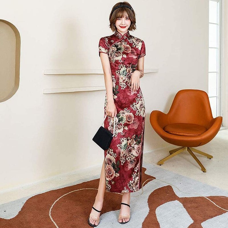 StarDY Women's Modern Cheongsam Maxi Dress Floral Print Short Sleeve Slim Fit Ankle Length Bodycon Qipao Tradtional Chinese Dress (Wine Red, M) - Image 4