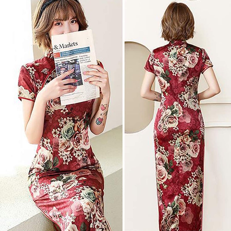 StarDY Women's Modern Cheongsam Maxi Dress Floral Print Short Sleeve Slim Fit Ankle Length Bodycon Qipao Tradtional Chinese Dress (Wine Red, M) - Image 3