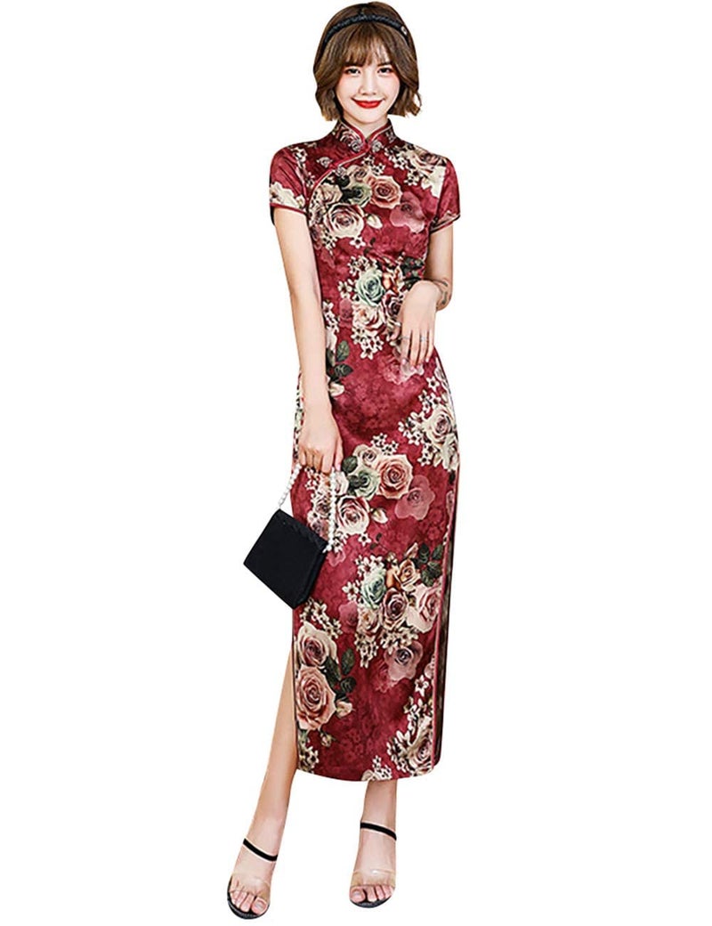 StarDY Women's Modern Cheongsam Maxi Dress Floral Print Short Sleeve Slim Fit Ankle Length Bodycon Qipao Tradtional Chinese Dress (Wine Red, M) - Image 1
