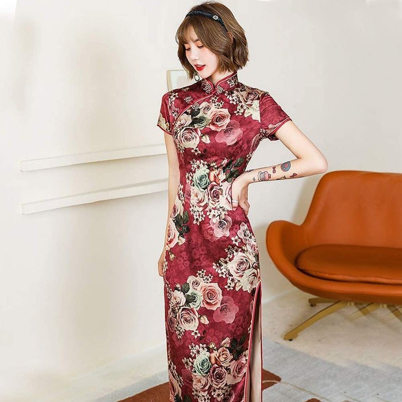 StarDY Women's Modern Cheongsam Maxi Dress Floral Print Short Sleeve Slim Fit Ankle Length Bodycon Qipao Tradtional Chinese Dress (Wine Red, M) - Image 2