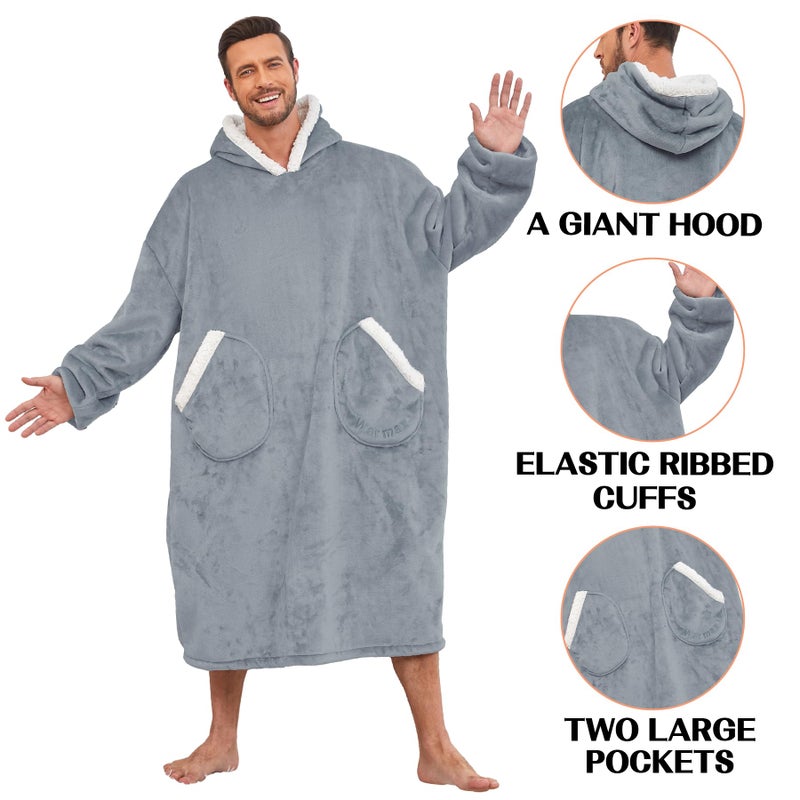 Zando Zando Men Blanket Hoodie Comfy Sherpa Long Blanket Hoodie Oversized Sweater Blanket for Men Warm and Cozy Big Pocket Blanket Hoodies Thick Fleece Sweatshirt Blanket for Adult Gifts Oversize Gray - Image 3