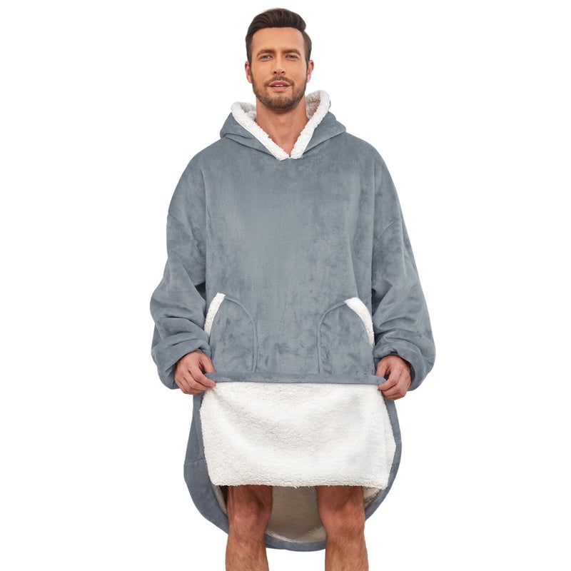 Zando Zando Men Blanket Hoodie Comfy Sherpa Long Blanket Hoodie Oversized Sweater Blanket for Men Warm and Cozy Big Pocket Blanket Hoodies Thick Fleece Sweatshirt Blanket for Adult Gifts Oversize Gray - Image 1