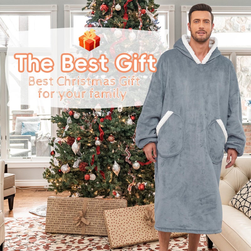 Zando Zando Men Blanket Hoodie Comfy Sherpa Long Blanket Hoodie Oversized Sweater Blanket for Men Warm and Cozy Big Pocket Blanket Hoodies Thick Fleece Sweatshirt Blanket for Adult Gifts Oversize Gray - Image 4