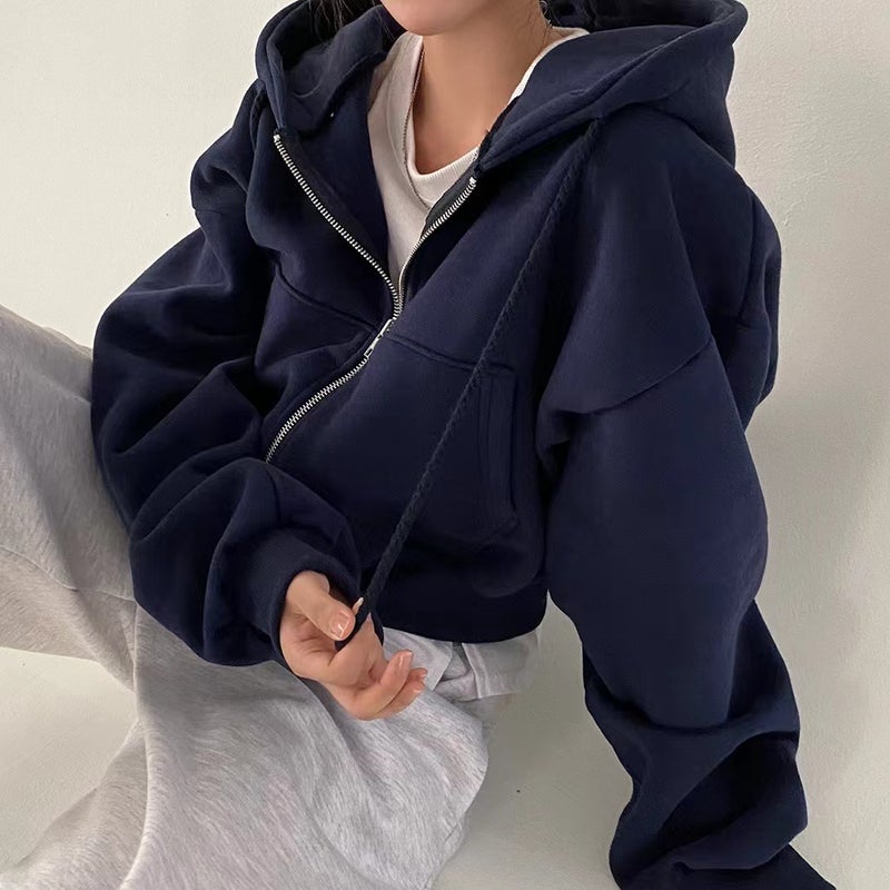 2023 European and American Autumn and Winter New Velvet Versatile Fashionable Short Slim Zipper Warm Pure Color Hooded Sweatshirt for Women Floral gray - Image 4