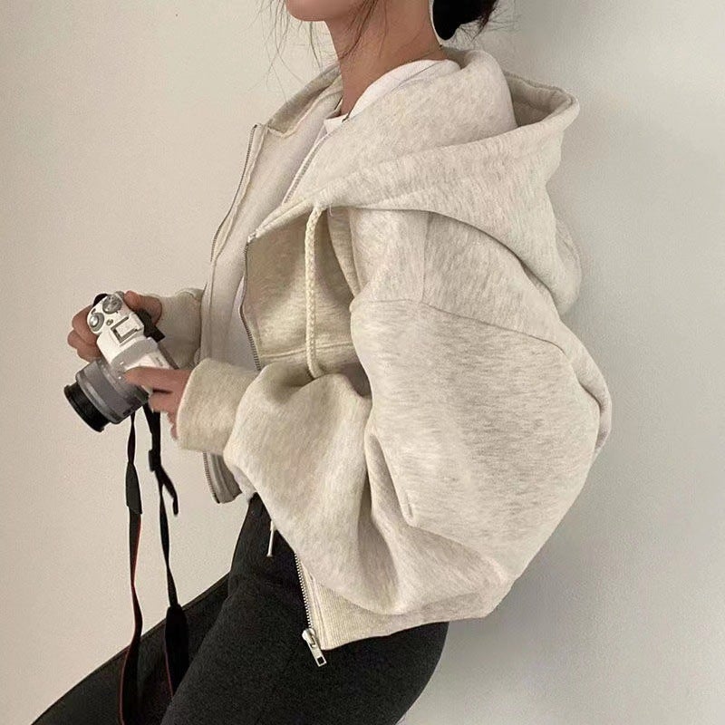 2023 European and American Autumn and Winter New Velvet Versatile Fashionable Short Slim Zipper Warm Pure Color Hooded Sweatshirt for Women Floral gray - Image 1