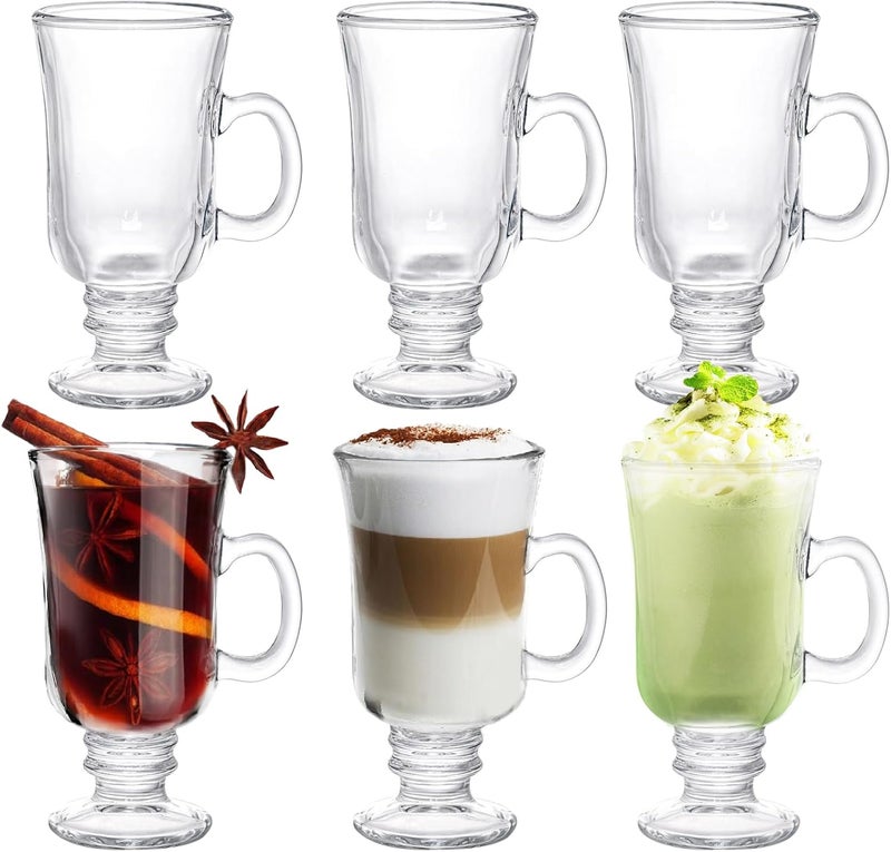 SHANDERBAR Set of 6 Irish Coffee Mugs, 8.8 Oz Irish Coffee Glasses with Handle & Footed Stem Base, Clear Glass Mugs Espresso Glass Cups for Hot Cold Beverages, Tea, Latte, Cappuccino, Smoothie - Image 1
