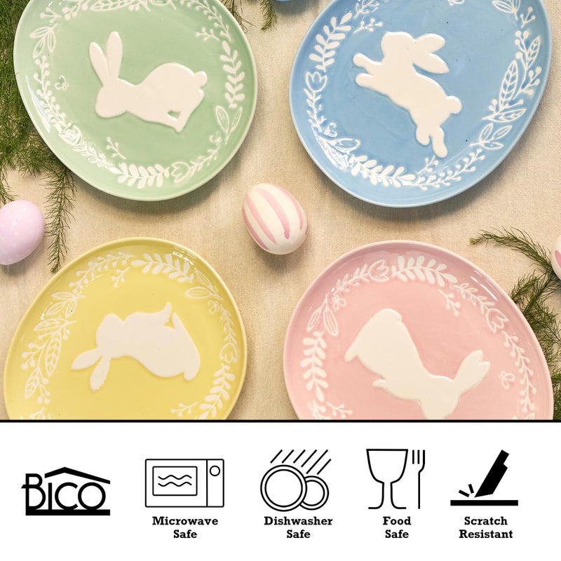 Bico Pastel Color Bunny Stoneware Salad Plates Set, Microwave & Dishwasher Safe, for Easter, Spring - Image 3