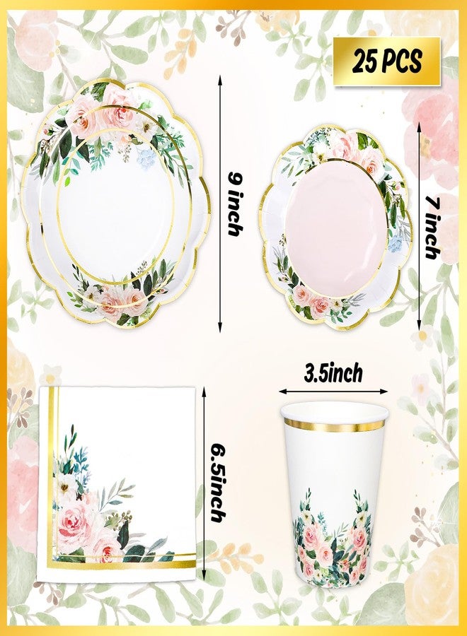 Whaline 100Pcs Floral Paper Plates Cups and Napkins Party Decorations Flower Shaped Gold Foil Disposable Paper Plates Pink Floral Paper Cups and Napkins for Spring Wedding Baby Shower Birthday Party - Image 2