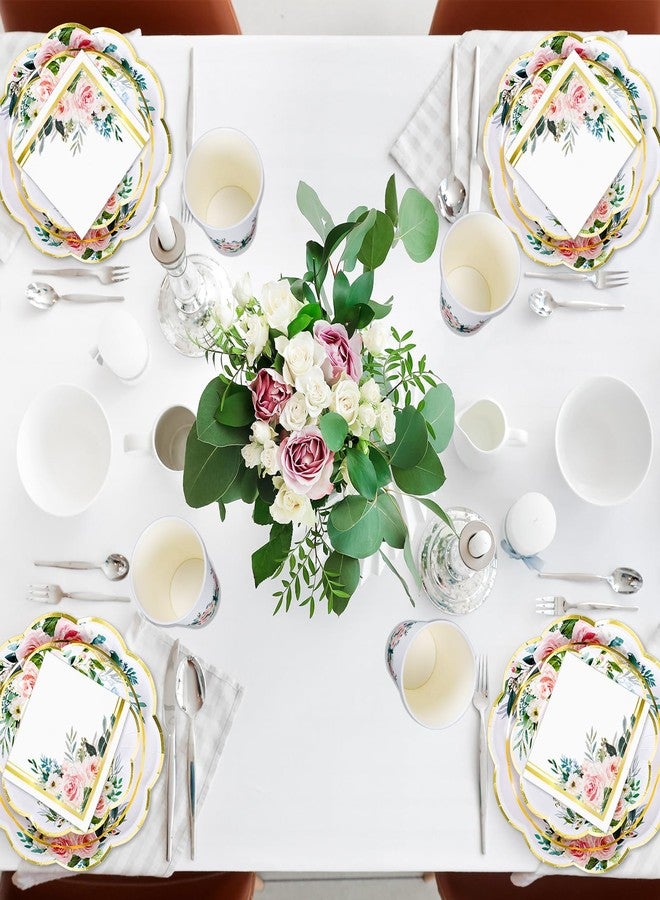 Whaline 100Pcs Floral Paper Plates Cups and Napkins Party Decorations Flower Shaped Gold Foil Disposable Paper Plates Pink Floral Paper Cups and Napkins for Spring Wedding Baby Shower Birthday Party - Image 5