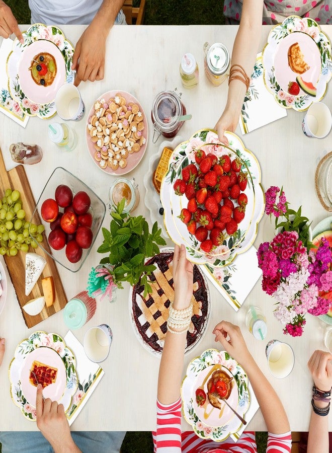 Whaline 100Pcs Floral Paper Plates Cups and Napkins Party Decorations Flower Shaped Gold Foil Disposable Paper Plates Pink Floral Paper Cups and Napkins for Spring Wedding Baby Shower Birthday Party - Image 4