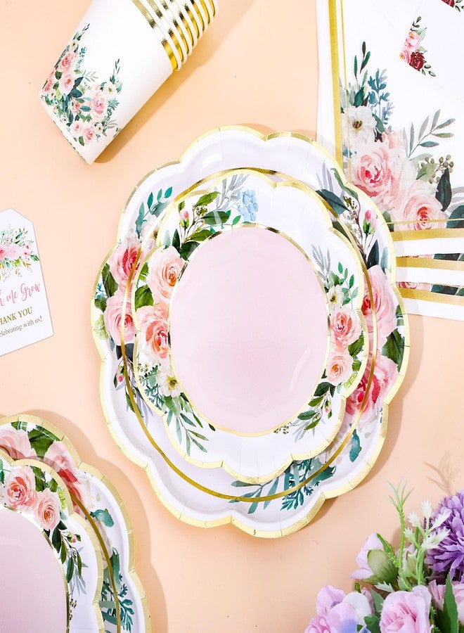 Whaline 100Pcs Floral Paper Plates Cups and Napkins Party Decorations Flower Shaped Gold Foil Disposable Paper Plates Pink Floral Paper Cups and Napkins for Spring Wedding Baby Shower Birthday Party - Image 3