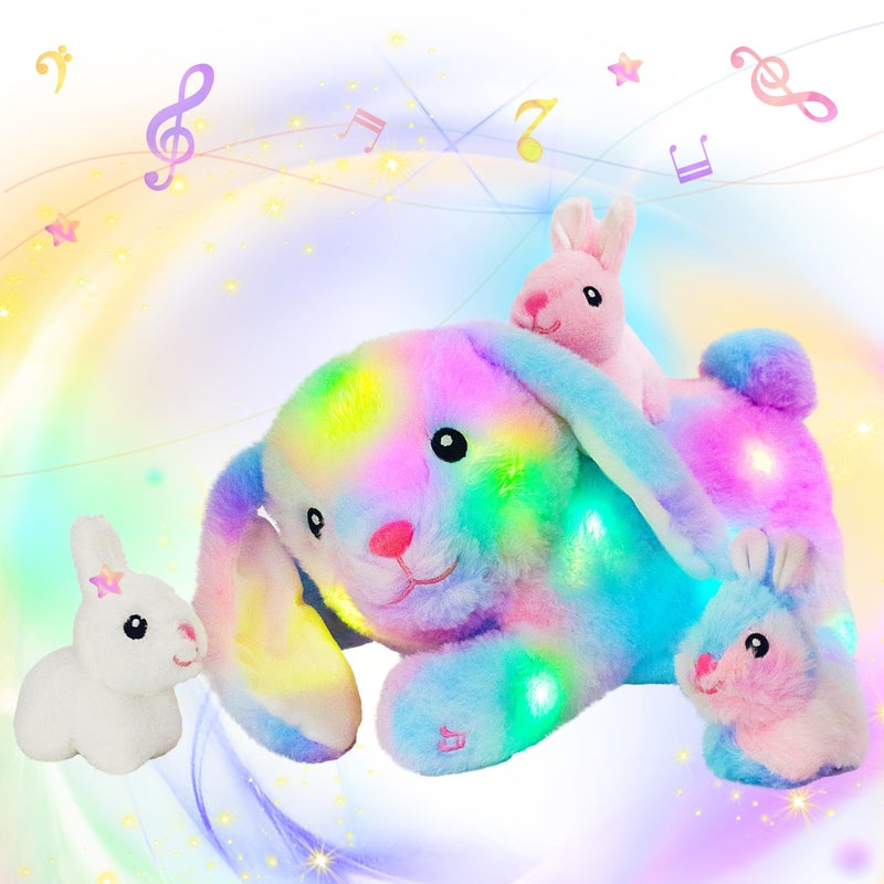 Hopearl LED Musical Stuffed Bunny Light up Singing Plush Toy Playset Mommy Rabbit with 3 Baby Bunnies in her Tummy Adjustable Volume Lullaby Animated Soothe Gifts for Kids Toddler Girls Rainbow 12 - Image 3