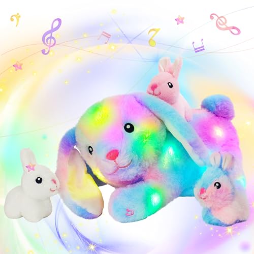 Hopearl LED Musical Stuffed Bunny Light up Singing Plush Toy Playset Mommy Rabbit with 3 Baby Bunnies in her Tummy Adjustable Volume Lullaby Animated Soothe Gifts for Kids Toddler Girls Rainbow 12 - Image 1