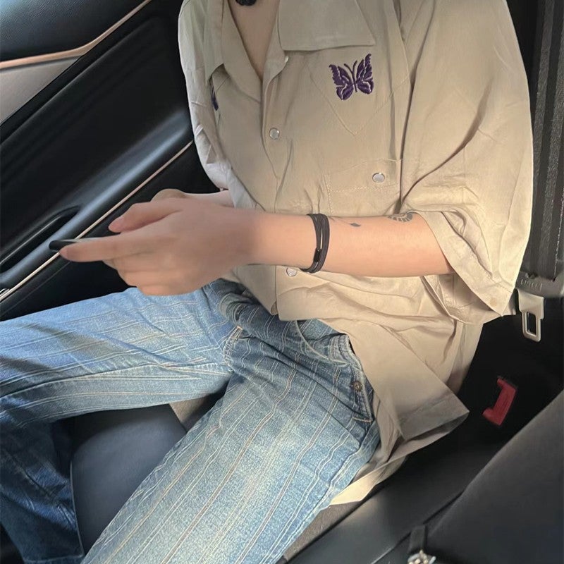 Needles track Butterfly Embroidered Shirt Short-sleeved Bieber Same Style Loose Half-sleeved Jacket for Men and Women Retro Style Black  - Image 2