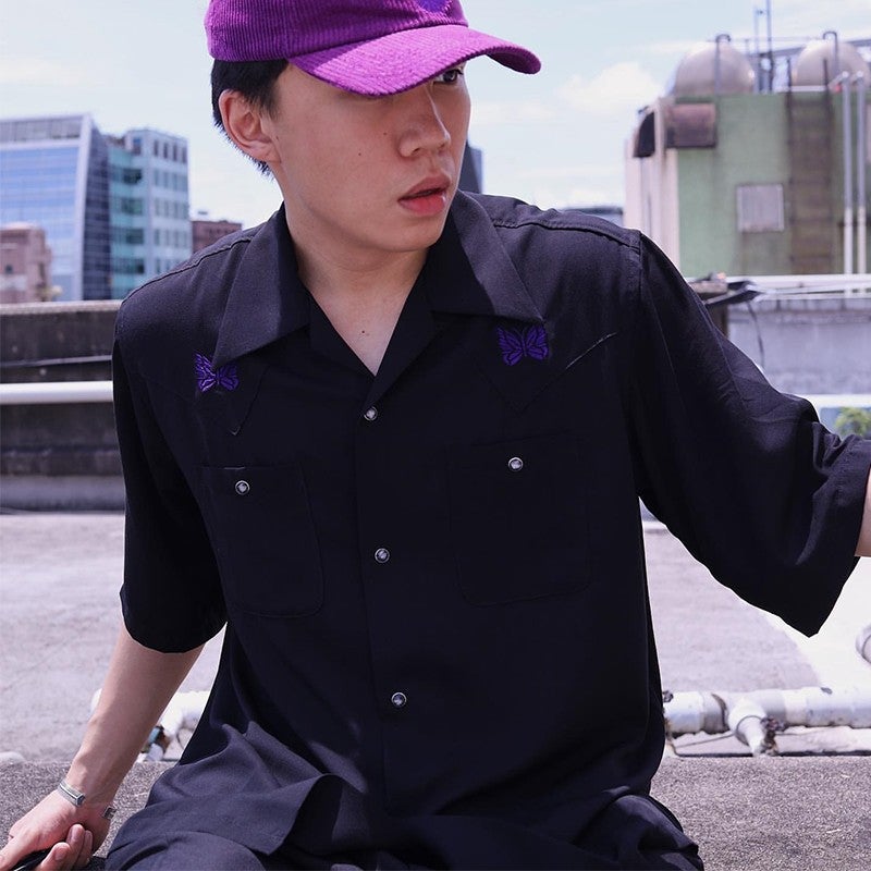 Needles track Butterfly Embroidered Shirt Short-sleeved Bieber Same Style Loose Half-sleeved Jacket for Men and Women Retro Style Black  - Image 5