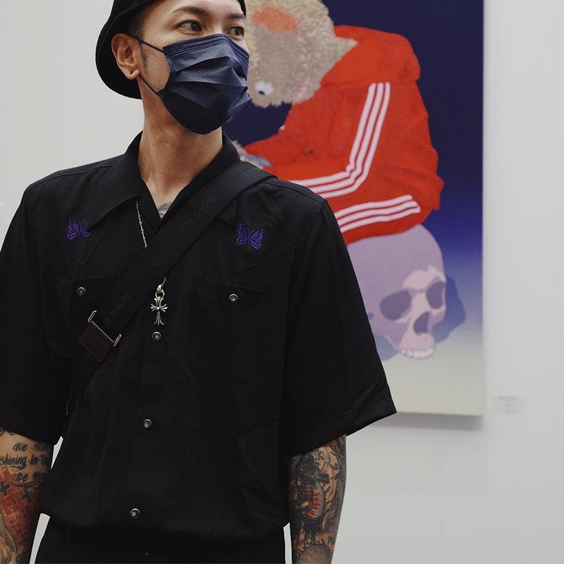 Needles track Butterfly Embroidered Shirt Short-sleeved Bieber Same Style Loose Half-sleeved Jacket for Men and Women Retro Style Black  - Image 1