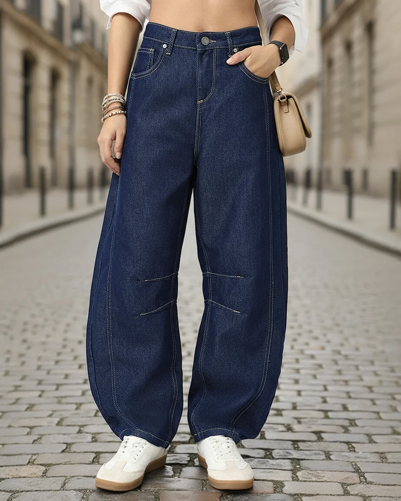 بيواكوف جينز نسائي أزرق مغسول بقصة برميلية