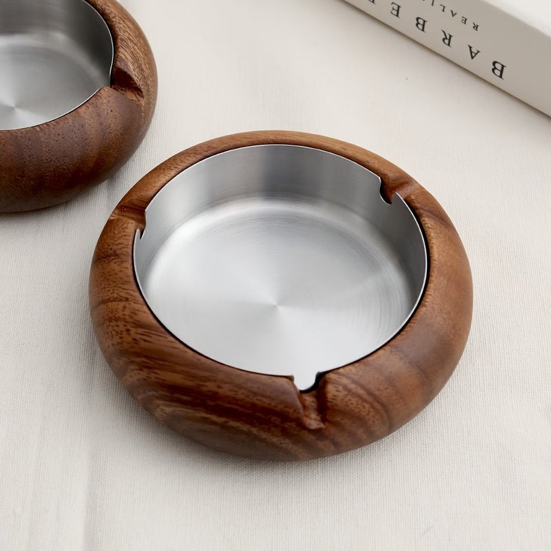 1pc Solid Wood Round Ashtray 4 52in Walnut Indoor Vintage Ashtray Stainless Steel Inner Liner Removable Easy Cleaning Gift for Dad Boyfriend Loved One - Image 4