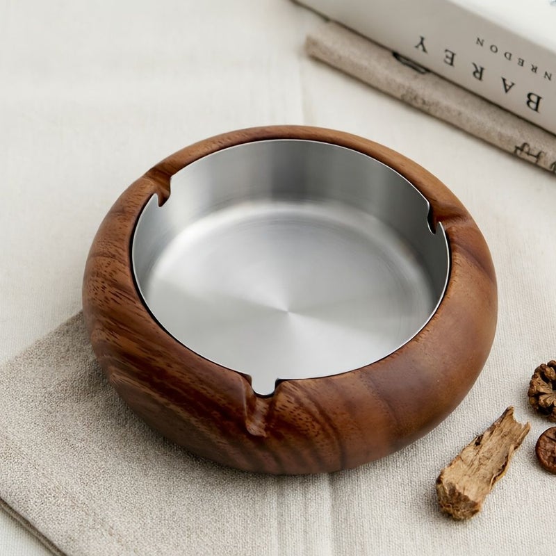 1pc Solid Wood Round Ashtray 4 52in Walnut Indoor Vintage Ashtray Stainless Steel Inner Liner Removable Easy Cleaning Gift for Dad Boyfriend Loved One - Image 5