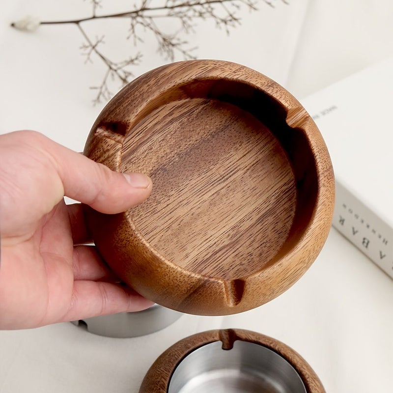 1pc Solid Wood Round Ashtray 4 52in Walnut Indoor Vintage Ashtray Stainless Steel Inner Liner Removable Easy Cleaning Gift for Dad Boyfriend Loved One - Image 3