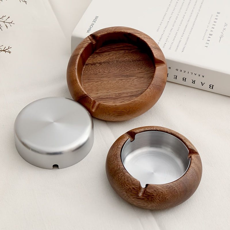 1pc Solid Wood Round Ashtray 4 52in Walnut Indoor Vintage Ashtray Stainless Steel Inner Liner Removable Easy Cleaning Gift for Dad Boyfriend Loved One - Image 2
