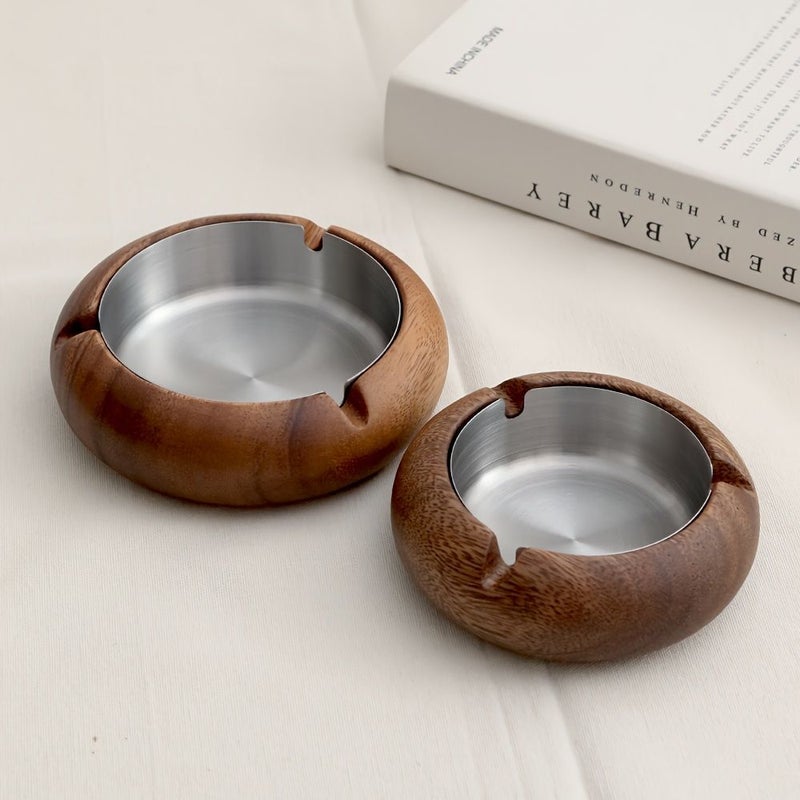 1pc Solid Wood Round Ashtray 4 52in Walnut Indoor Vintage Ashtray Stainless Steel Inner Liner Removable Easy Cleaning Gift for Dad Boyfriend Loved One - Image 1