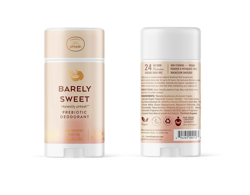 Honestly pHresh Natural Prebiotic Deodorant, Baking Soda & Aluminum Free Safe for Sensitive Skin, 24 Hour Odor Protection, 2.25 Oz, Barely Sweet