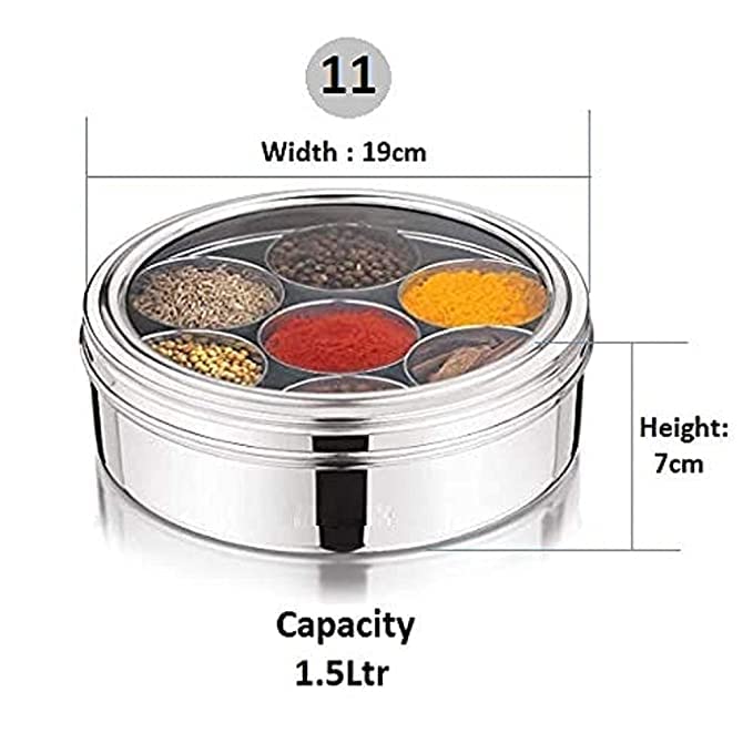VISAXMI Masala Dabba Stainless Steel Masala Box for Kitchen Masala Dani for Kitchen Masala Dabba with 7 Containers1 Spoon Size no11 185cm Dia 15 LTR Capacity Medium - Image 3