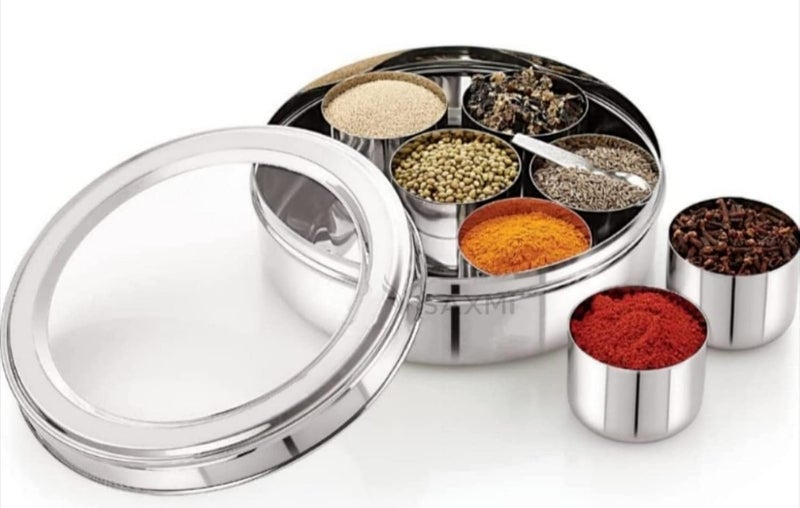 VISAXMI Masala Dabba Stainless Steel Masala Box for Kitchen Masala Dani for Kitchen Masala Dabba with 7 Containers1 Spoon Size no11 185cm Dia 15 LTR Capacity Medium - Image 1