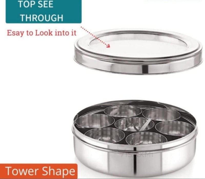 VISAXMI Masala Dabba Stainless Steel Masala Box for Kitchen Masala Dani for Kitchen Masala Dabba with 7 Containers1 Spoon Size no11 185cm Dia 15 LTR Capacity Medium - Image 4