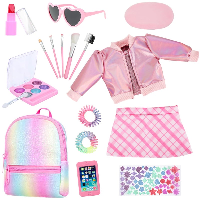 Ecore Fun 17-Piece 18 Inch Doll Accessories Cosmetic Set with Backpack & Outfits | Pretend Play Makeup Kit for 18"" Dolls | Includes Lipstick  Eyeshadow  Brushes  Accessories & Stylish Clothes - Image 1