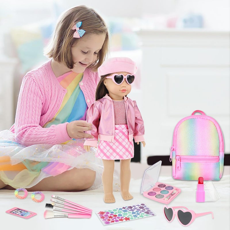 Ecore Fun 17-Piece 18 Inch Doll Accessories Cosmetic Set with Backpack & Outfits | Pretend Play Makeup Kit for 18"" Dolls | Includes Lipstick  Eyeshadow  Brushes  Accessories & Stylish Clothes - Image 5